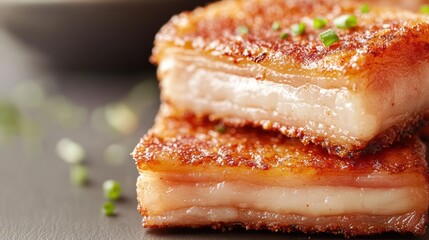 Wall Mural - Crispy Roast Pork Belly Slice with Garnish and Plate Background