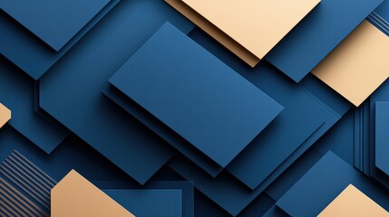 Poster - Blue and gold abstract background featuring geometric squares and blurred photo elements