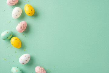 Wall Mural - colorful patterned easter eggs are arranged on a green surface, symbolizing spring and celebration