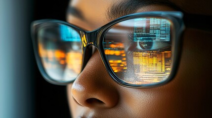 Woman programmer coding at night, city reflection