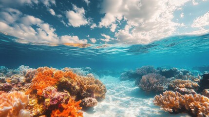 Poster - Beneath sparkling turquoise waters, a breathtaking coral reef flourishes with colorful corals and diverse marine life. Sunlight gently pierces the surface, creating a serene atmosphere