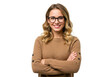 © PixelPulse Creative - A stylish woman with wavy blonde hair and glasses stands with her arms crossed isolated on transparent background