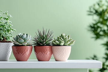 Wall Mural - A close-up of a series of tiny cactus plants arranged in a small row on a white shelf in a bright, minimalist kitchen