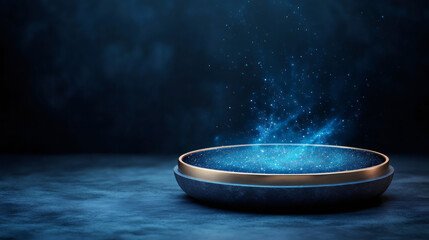 Aufkleber - Stone and gold podium emitting blue glowing particles on a dark background, ideal for product presentations