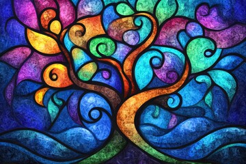 Poster - Colorful Abstract Tree Design in Vibrant Stained Glass Style