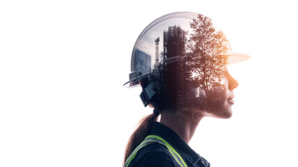 Poster - Double exposure of a building engineer wearing safety helmet with an urban landscape representing future sustainable development projects