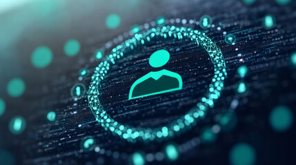Aufkleber - User icon encircled by digital data on a dark computer screen, featuring flowing binary code and various icons, symbolizing account security and privacy