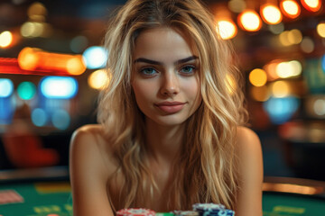 Wall Mural - A confident woman playing poker, holding cards close, casino lights in the background