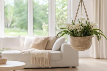 Wall Mural - A hanging spider plant in a macrame planter, placed near a large window in a bright, open minimalist living space