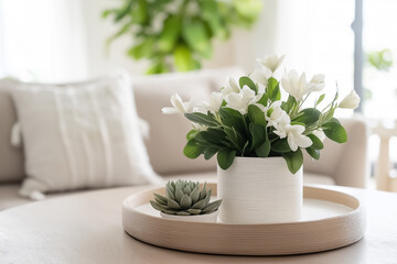 Wall Mural - A minimalist dining table centerpiece featuring a sleek planter with a variety of succulents, surrounded by bright natural light