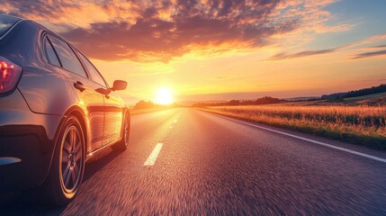 Poster - The open road stretches into the horizon as the sun sets, casting a warm glow. A car navigates through tranquil fields, reflecting adventure and freedom