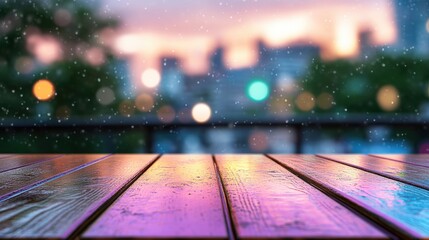 Poster - Wooden table top with blurred cityscape background and photo displayed on surface
