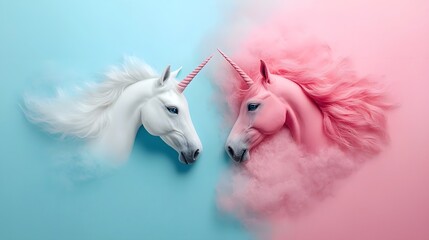 Poster - Enchanting unicorns glowing in a soft pastel hued fairy dust atmosphere creating a whimsical ethereal and mystical scene of beauty and wonder