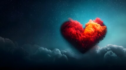 Poster - Ethereal heart shaped constellation glowing softly in a dark night sky with cosmic stardust and clouds forming a mystical spiritual backdrop