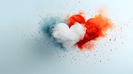 Poster - Ethereal watercolor heart shaped splashes in soft shades of red blue and white forming an abstract romantic and dynamic composition  The playful paint splatters create a dreamy imaginative