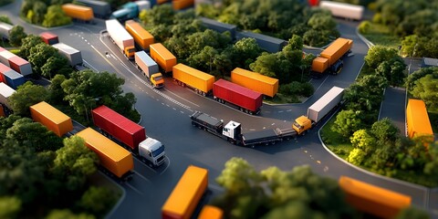 Poster - Expansive aerial perspective showcasing an integrated transportation hub featuring a harmonious blend of trucks trains cargo vessels and aircraft in constant motion