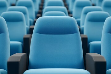 Poster - Silhouette of Empty Blue Cinema Interior with Rows of Unoccupied Seats and a Soft Blue Light, Capturing the Essence of Abandonment and Tranquility in a Movie Theater Setting