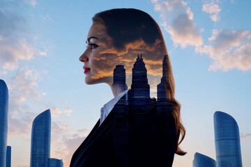 Aufkleber - Silhouette of business people work together in office Concept of teamwork and partnership double exposure with light effects