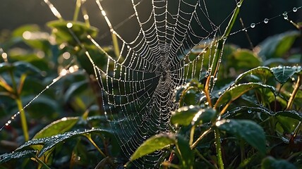 Intricate Web on Lush Green Leaves