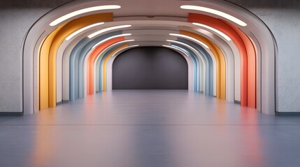 Poster - Expansive and futuristic spaceship corridors extending symmetrically with sleek vibrant neon lighting illuminating the architectural structure