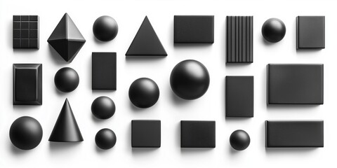 Poster - A variety of black geometrical shapes including spheres, cubes, and pyramids arranged on a white background.