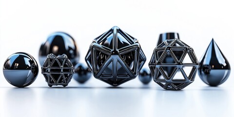 Aufkleber - A collection of sleek black geometric shapes, including spheres, cones, and polyhedra, arranged artistically on a white background.