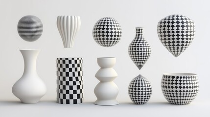 Poster - A collection of 2D illustrated black and white geometrical objects, showcasing various shapes and patterns against a light background.