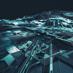 Poster - Abstract landscape on a dark background cyberspace navy blue grid hi tech network 3d illustration
