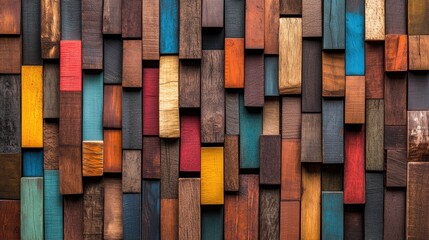Poster - Wall of wooden blocks with a framed photo displayed on the surface