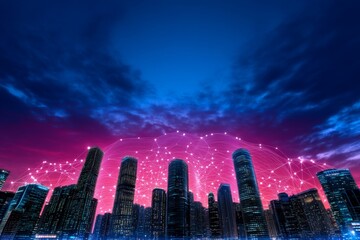 Aufkleber - Smart city and abstract dot point connect with gradient line and aesthetic Intricate wave line design , big data connection technology concept