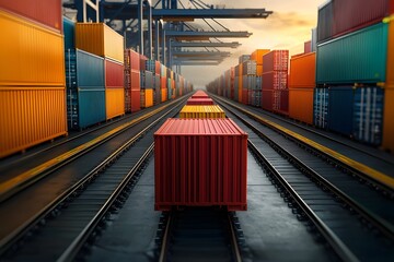 Poster - Expansive intermodal railway terminal with rows of multicolored freight containers bustling activity of cranes and forklifts a hub of international trade and commerce showcasing industrial realism