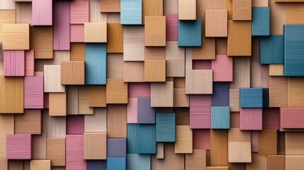 Poster - Wooden blocks arranged in an organized wall structure with a photo displayed in the center
