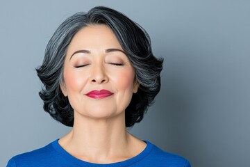 Poster - Smile, eyes closed and skincare of mature woman in studio for glow, results or beauty on gray background Face, happy and model in natural cosmetics for dermatology, anti aging and aesthetic