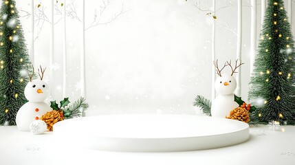 Wall Mural - Festive winter scene featuring snowmen and pine trees, with a circular display area and soft snowfall