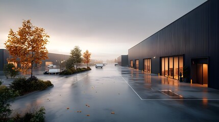 Poster - Expansive logistics park with modern warehouses distribution centers and transportation hubs that seamlessly integrate to drive global logistics The industrial architecture features clean lines