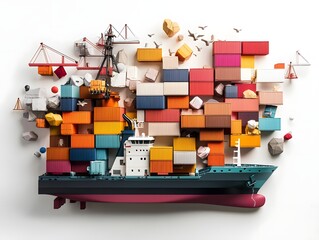 Poster - Expansive port scene showcasing a multitude of stacked shipping containers in a vibrant rainbow of hues massive container ships moored at the docks