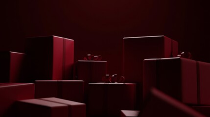 Poster - Dark Red Abstract Space Filled With Various Box Shapes Creating an Atmospheric and Mysterious Environment Depicting a Sense of Depth