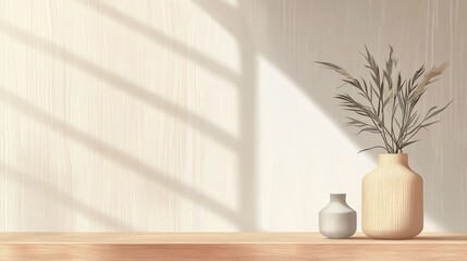 Poster - Home Decor Display With Minimalistic Vases and Decorative Branches on Wooden Table Against Pastel Background