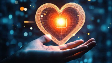 Poster - Glowing digital heart held in hand against a futuristic backdrop at night, A glowing, digital heart held in a hand against a futuristic, technological background