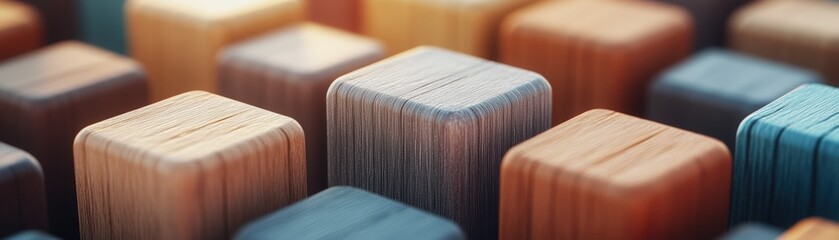 Poster - Close up view of wooden blocks stacked with a photo in the background on a wooden surface