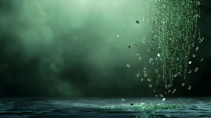Fototapete - Falling digital matrix code streaming from the edges against a dark moody sci fi background with an empty gloomy center  Futuristic cyberpunk inspired digital art visualization with a mysterious