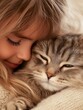 © SerPak - Young caucasian girl embracing fluffy cat with love and warmth.