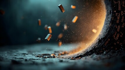 Fototapete - Falling digital matrix code streaming from the edges of a dark sci fi inspired background with an empty atmospheric center  Futuristic glitch like and conceptual digital or 3D render