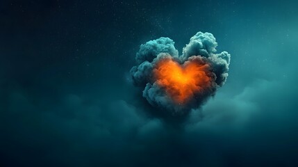Poster - Fiery heart shaped explosion with billowing smoke and flames burning intensely against a dark cosmic sky filled with swirling stardust and ethereal energy
