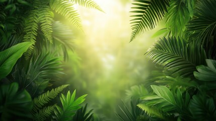 Wall Mural - Lush green foliage surrounds a soft, golden light filtering through a dense forest, creating a tranquil atmosphere ideal for nature-themed projects, wellness concepts, or eco-friendly initiatives,