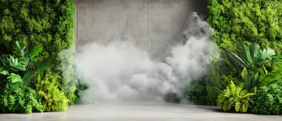 Poster - Room interior featuring green wall of plants and white smokestack in modern design environment