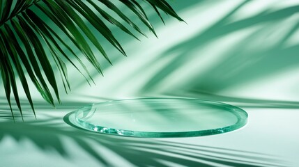 Poster - Clear Glass Display Stand With Soft Shadows Cast by Green Palm Leaves in a Stylish Setting During Daylight