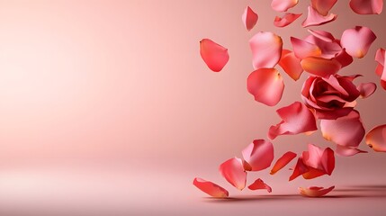 Poster - Floating rose petals drifting across a dreamy soft pink background with an empty center creating a romantic ethereal and minimalist composition