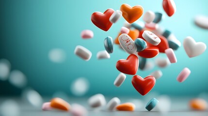 Poster - Floating tiny candy hearts with love messages in red pink and orange colors on a soft blurred teal background  Romantic sweet and elegant digital or 3D render
