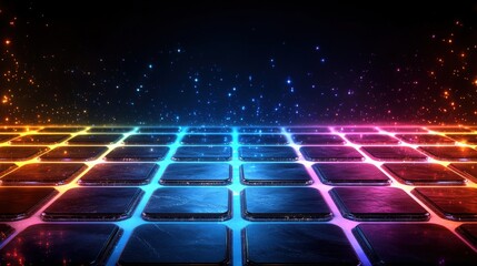 Poster - Bunch of cells illuminated by glowing lights in a dark background with a photo of the scene